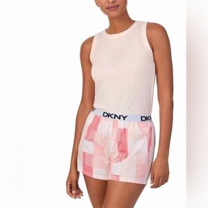 DKNY 2 Piece Outfit Set Tank Top & Short (Pearl Cream Pink Plaid Stripe Print, L